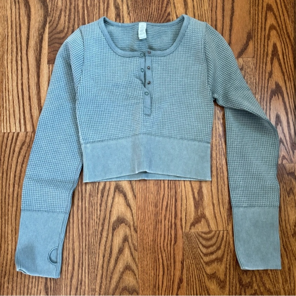 Green Aerie Long Sleeve Waffle Henley Crop Top